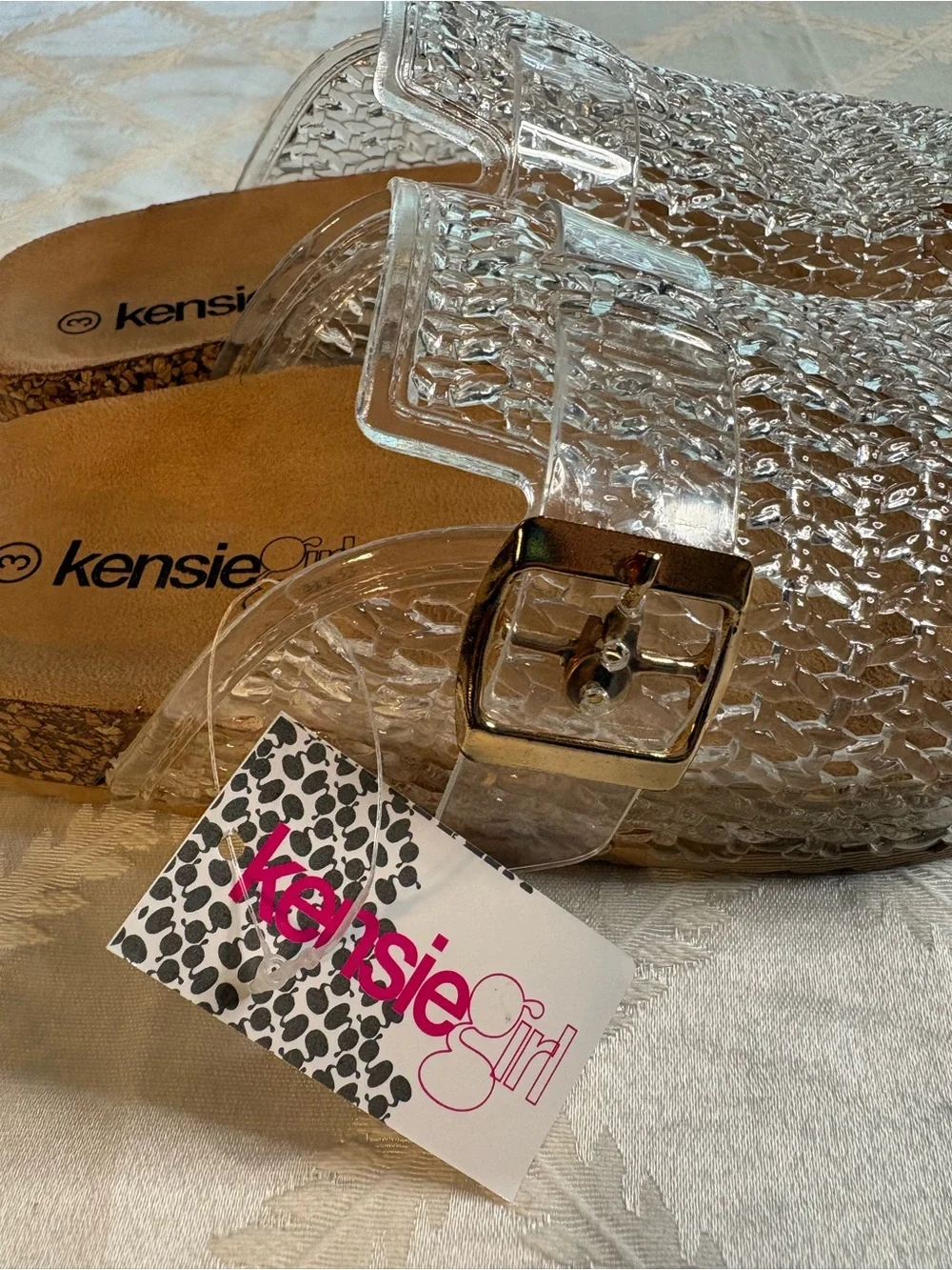 Kensie Clear Textured Jelly Slide Sandals with Metallic Buckle